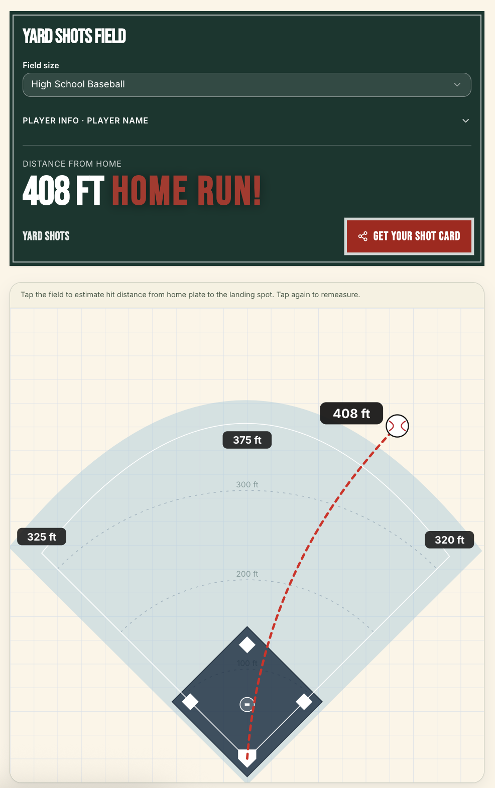 Yard Shots Field showing a 408-foot home run and the ball’s curved path from home plate