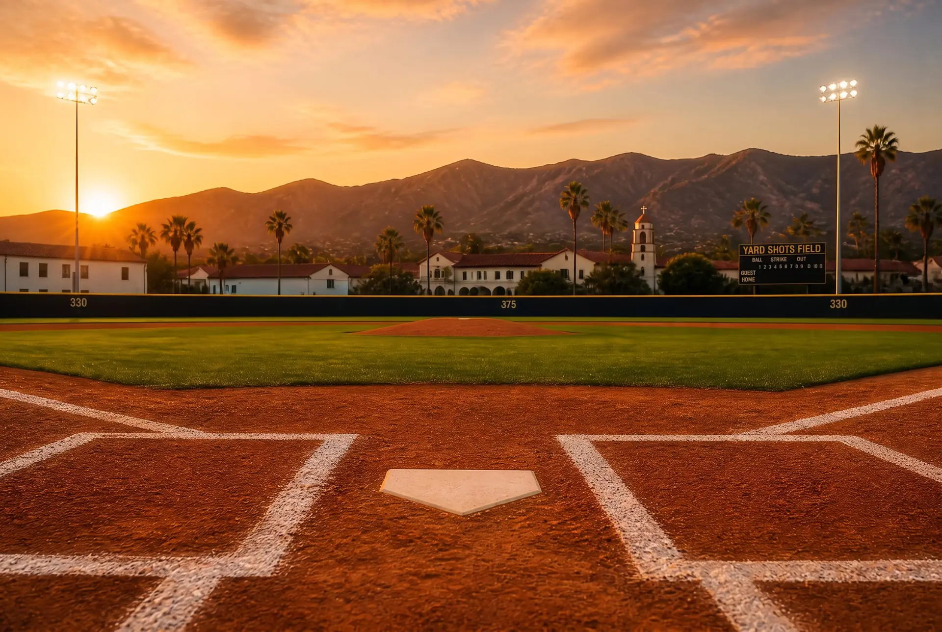 Baseball field at golden hour seen from behind home plate